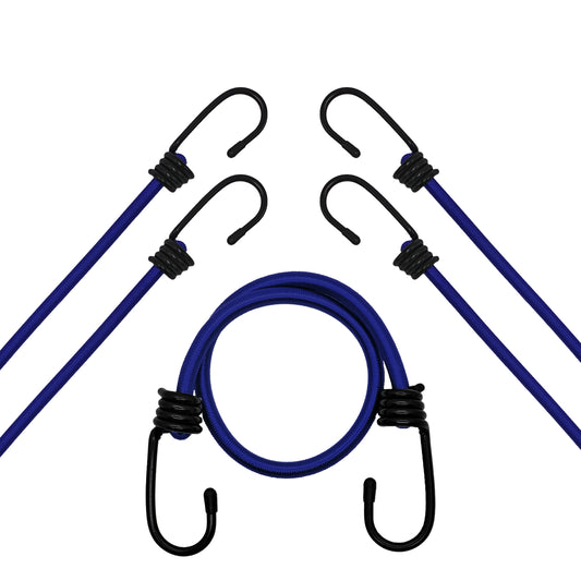 OVERLANDER BUNGEE - Marine-grade Nylon Bungee cord with two Plastic-coated Metal Spring Hooks (Blue, 4-Pack)