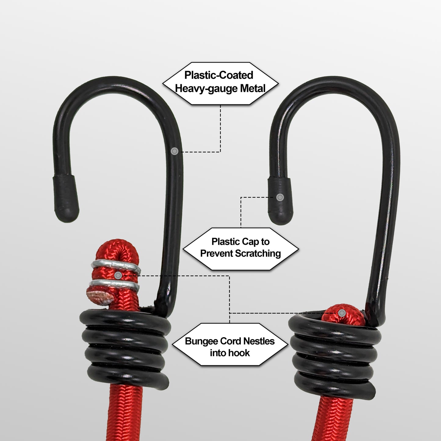 OVERLANDER BUNGEE - Marine-grade Nylon Bungee cord with two Plastic-coated Metal Spring Hooks (Red, 4-Pack)