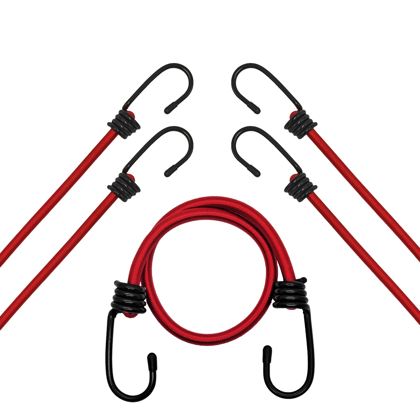 OVERLANDER BUNGEE - Marine-grade Nylon Bungee cord with two Plastic-coated Metal Spring Hooks (Red, 4-Pack)